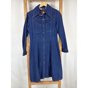 Vintage 70's Western Inspired Landlubber Blue Denim Snap Up Dress #1296 Size SM